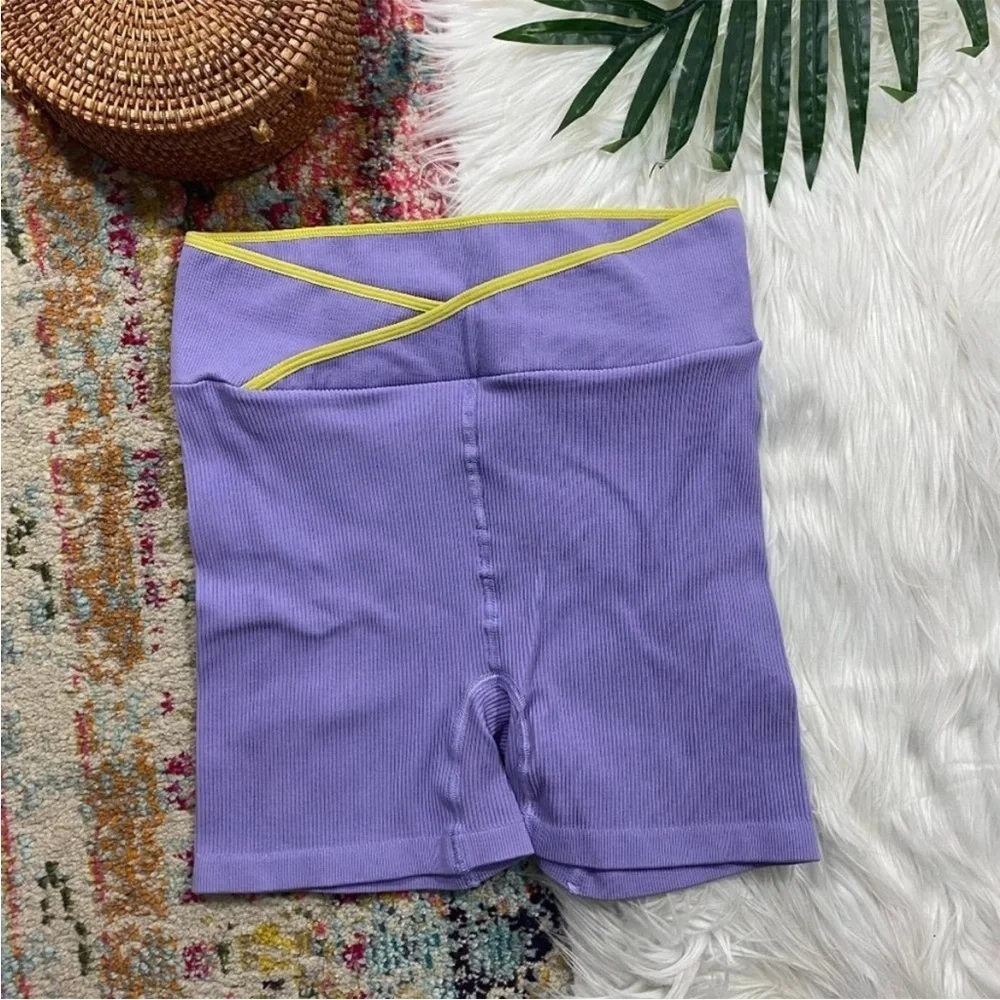 Free People Purple and Yellow Bike Shorts with Crossover Waistband
